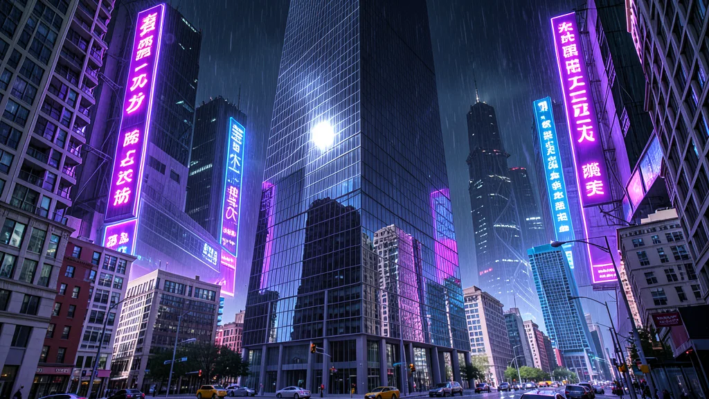 Urban architecture photo transformed into cyberpunk neon cityscape