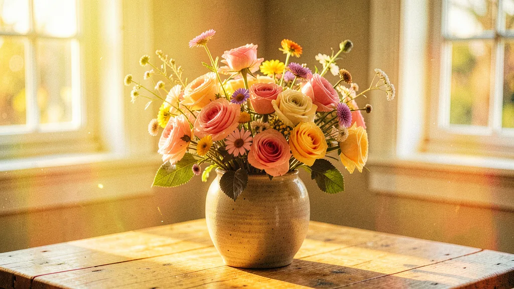 Flower still life converted to vintage 1970s Kodachrome film style