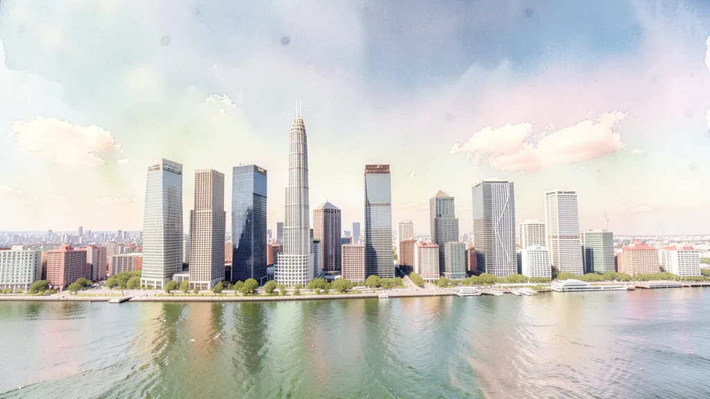 City skyline photo turned into delicate watercolor painting