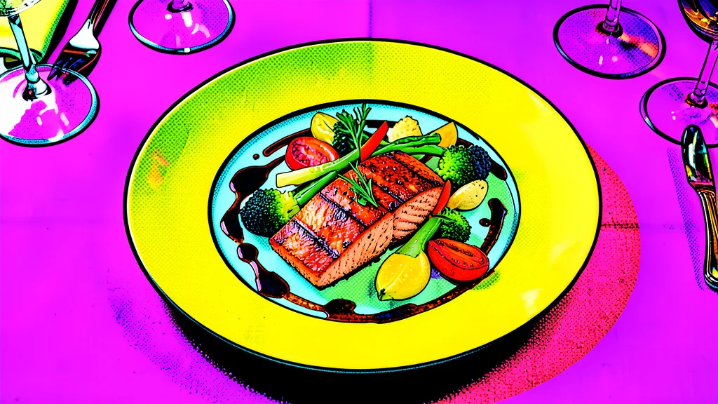 Gourmet food photo reimagined in bold Andy Warhol pop art style