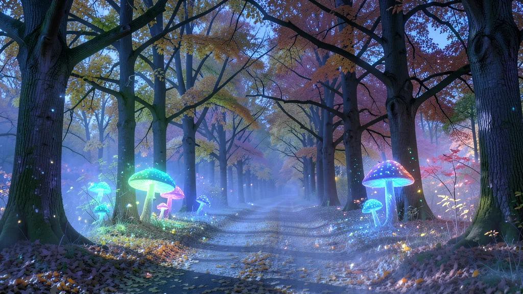 Autumn forest path transformed into magical bioluminescent fantasy scene