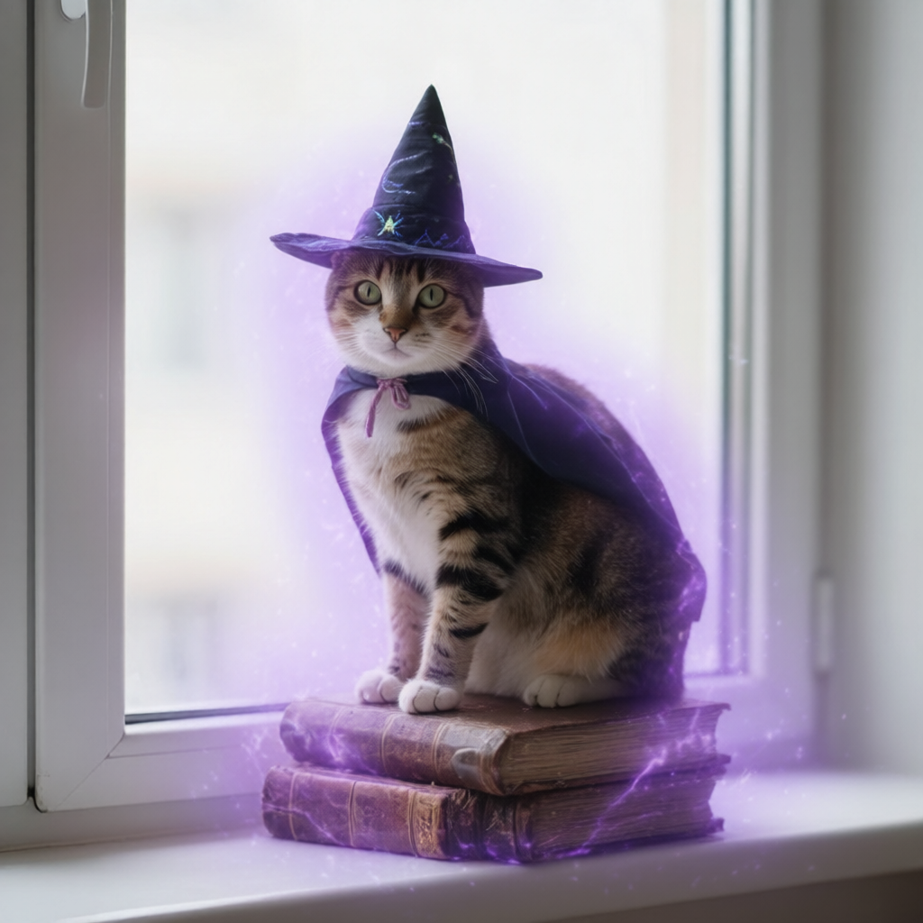 House cat transformed into a magical wizard cat with hat and cape