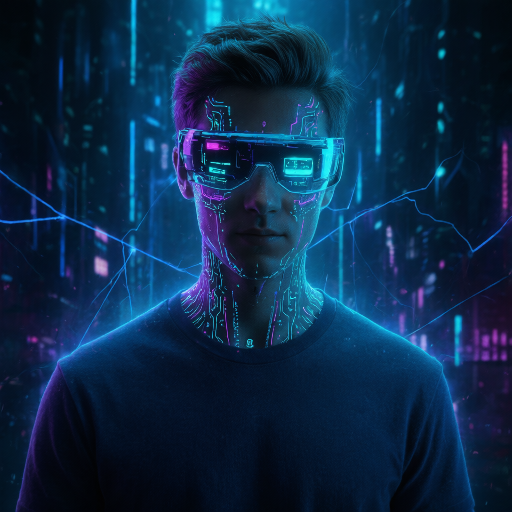 Portrait transformed into cyberpunk character with neon accents