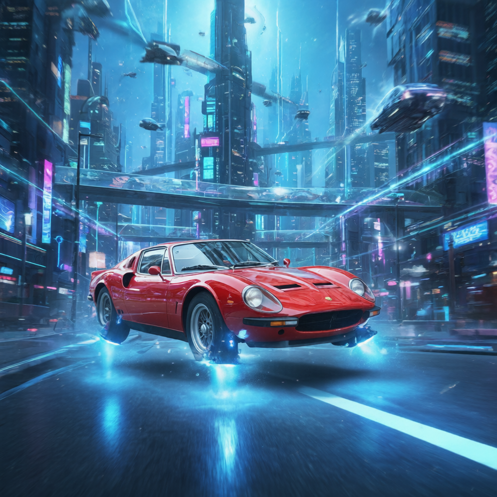 Classic car transformed into hovering sci-fi vehicle with futuristic city