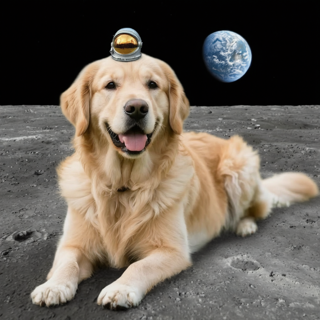 Golden retriever on grass transformed into space dog on the moon