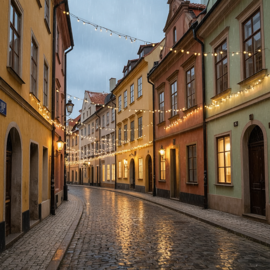 European street transformed from day to rainy night with string lights