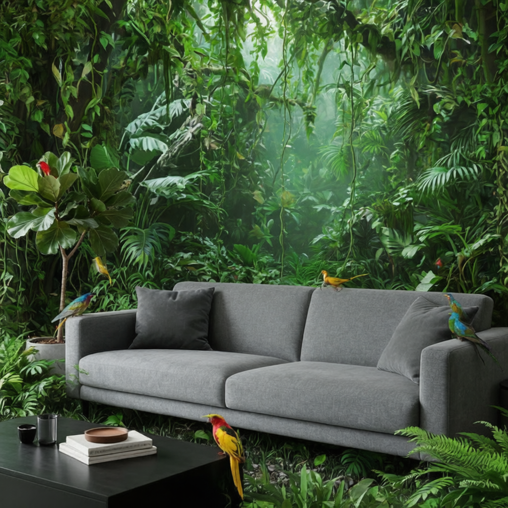Modern living room transformed into tropical indoor jungle paradise