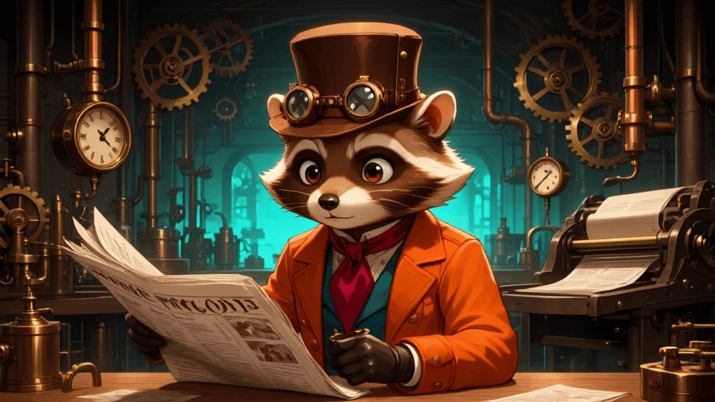 Anthropomorphic raccoon inventor reading a newspaper in a Victorian steampunk workshop with brass gears and copper pipes — anime illustration by Z-Anime Distill 8-Step INT8 on deAPI