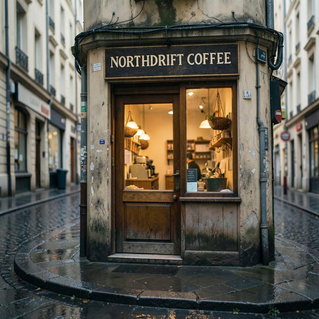 GPT Image 1.5 — hand-painted "NORTHDRIFT COFFEE" lettering added to a blank shop sign on a rainy street corner