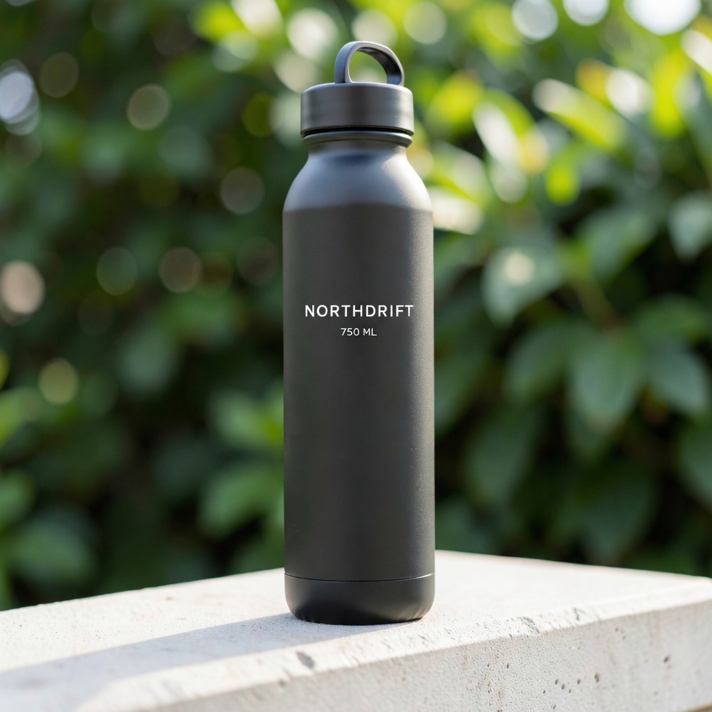 GPT Image 1.5 — brand wordmark added to an unlabelled matte black water bottle on a concrete ledge