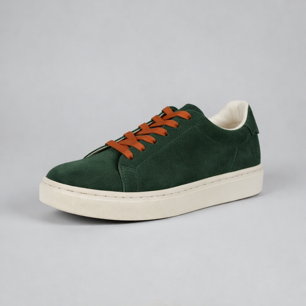 GPT Image 1.5 — white leather sneaker recoloured to forest green suede with a cream midsole and orange laces