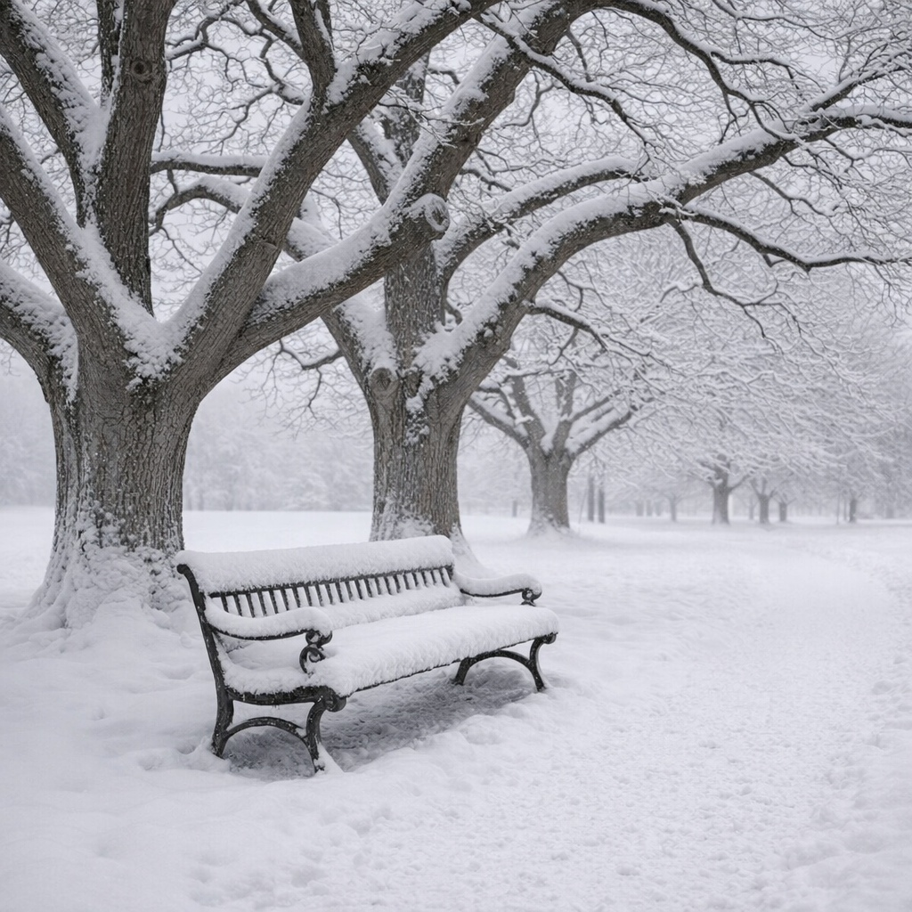 GPT Image 1.5 — a summer park bench under an oak tree converted to deep winter with snow and bare branches