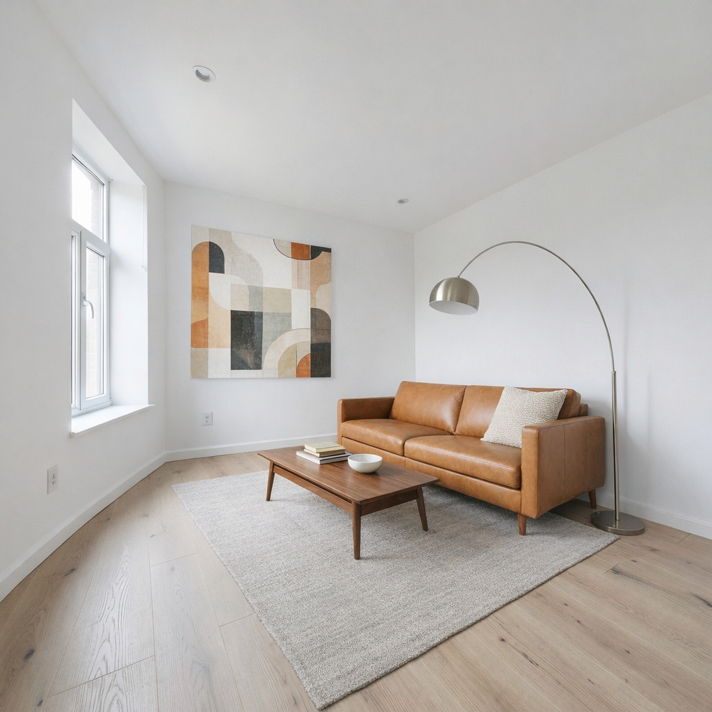 GPT Image 1.5 — an empty white room furnished in mid-century modern style with the architecture unchanged