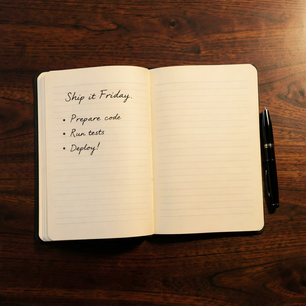 GPT Image 1.5 — handwritten fountain-pen script added to the blank page of a notebook on a walnut desk