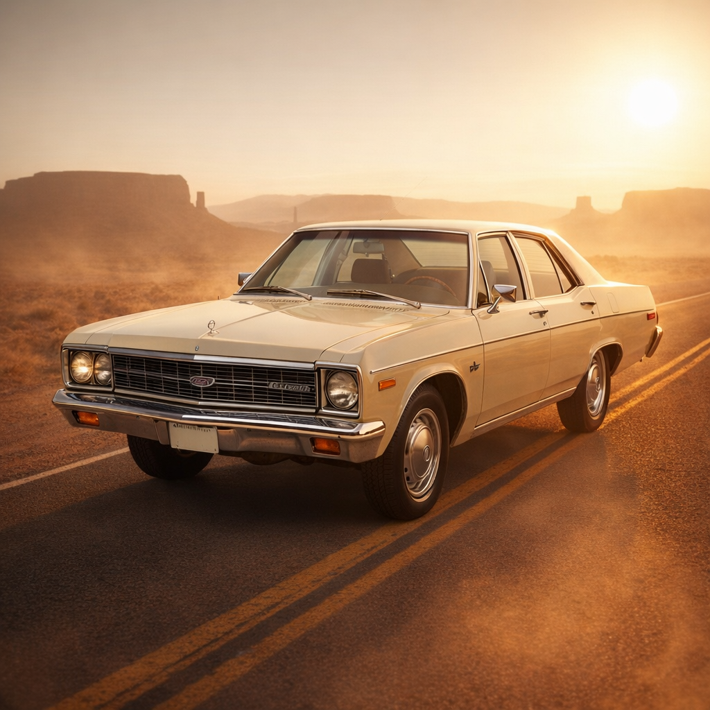 GPT Image 1.5 — a vintage sedan moved from a studio cyclorama to a desert highway at golden hour