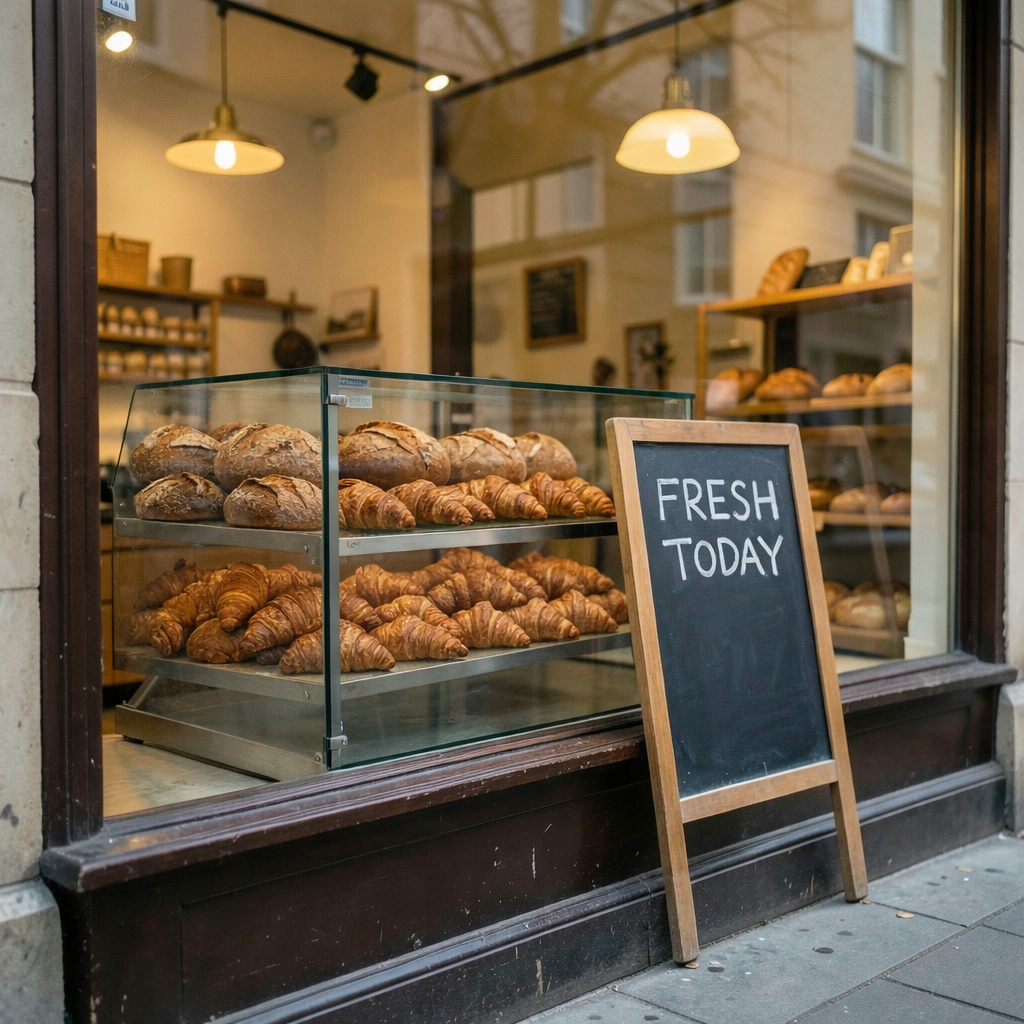 GPT Image 1.5 — an empty bakery display filled with bread and a "FRESH TODAY" chalkboard added