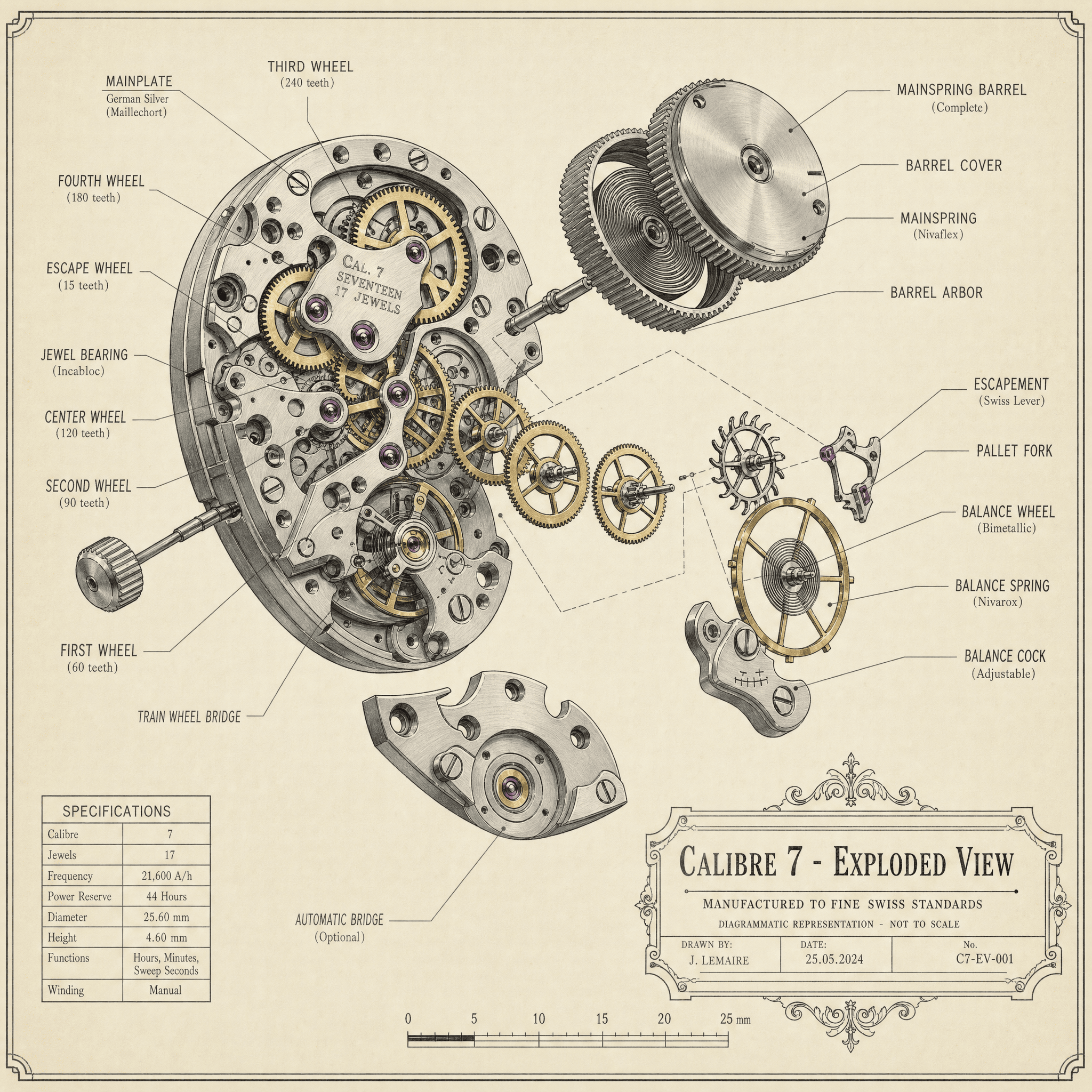 GPT Image 2 — technical cutaway of a wristwatch movement with labelled parts and a "CALIBRE 7" title block