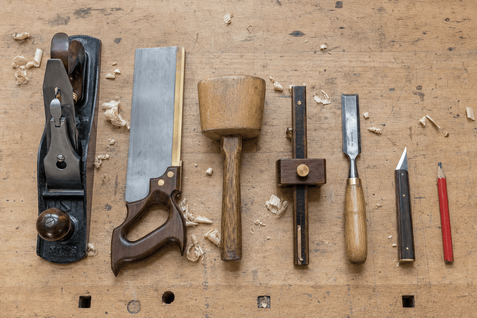GPT Image 2 — overhead flat-lay of seven woodworking tools arranged in one row from largest to smallest