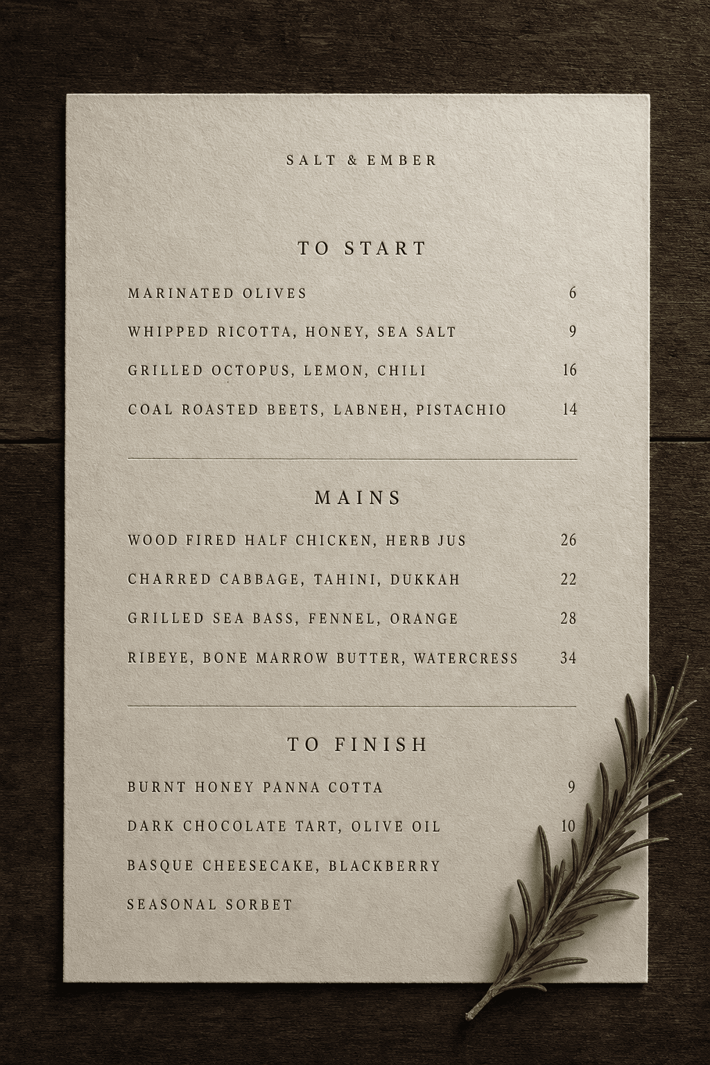 GPT Image 2 — letterpress "SALT & EMBER" menu with three sections, twelve dishes and prices