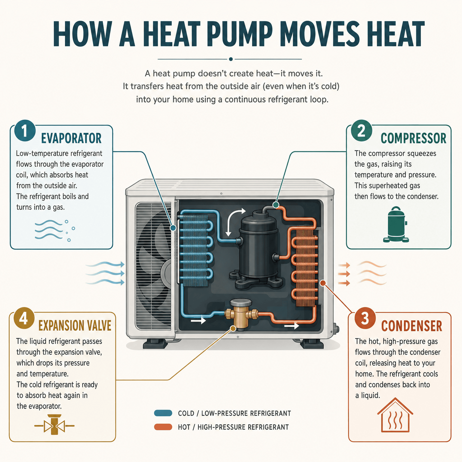 GPT Image 2 — flat vector infographic of a heat pump with four numbered callouts around a cutaway