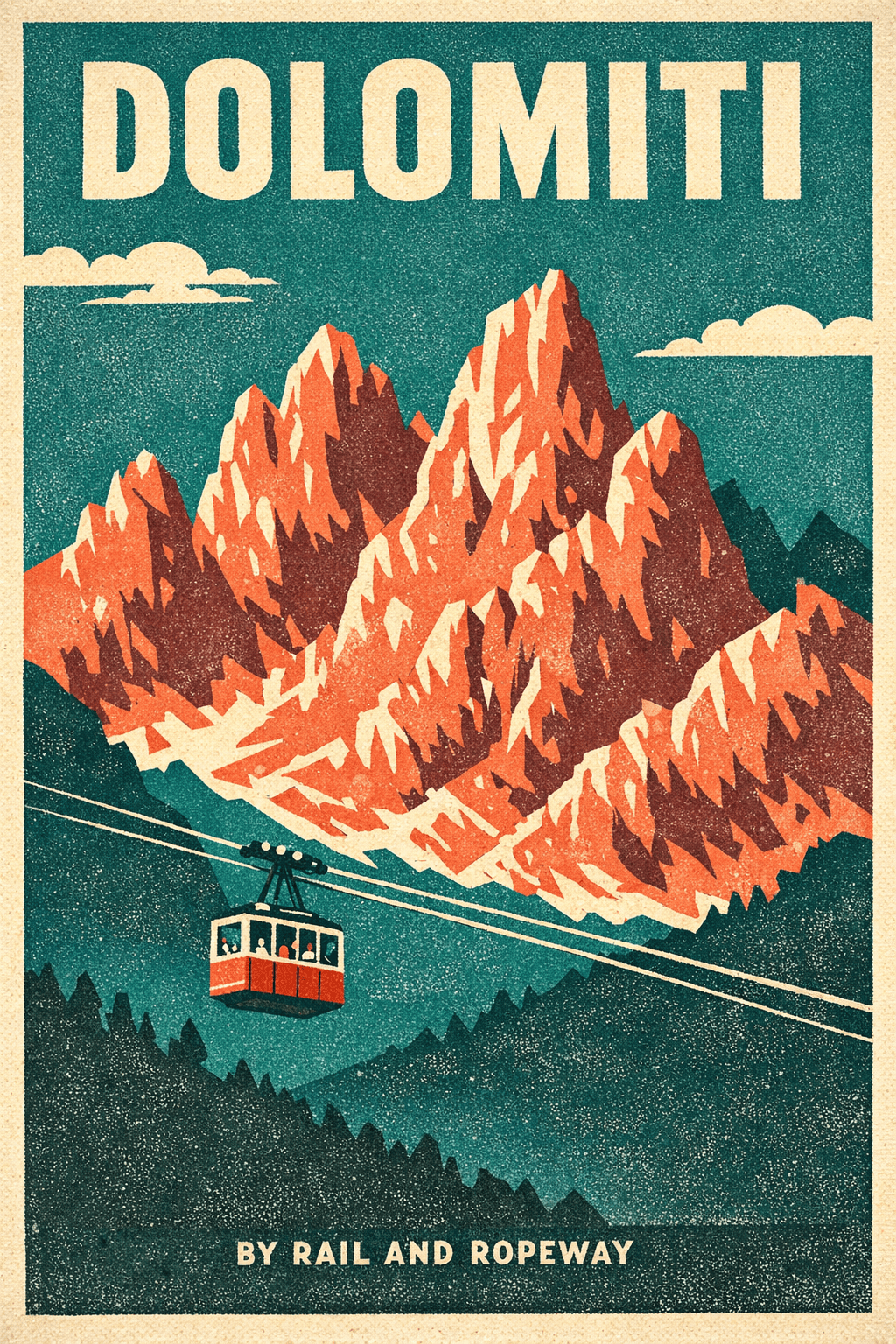 GPT Image 1.5 — retro screen-print travel poster of the Dolomites with bold "DOLOMITI" lettering