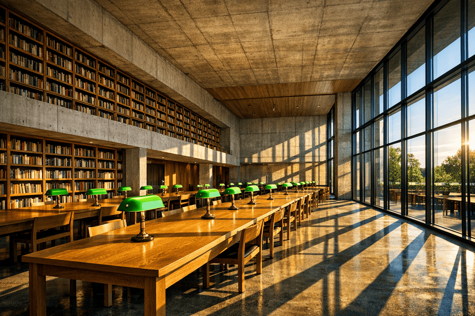 GPT Image 1.5 — concrete and timber reading room with long shadows raking across the floor