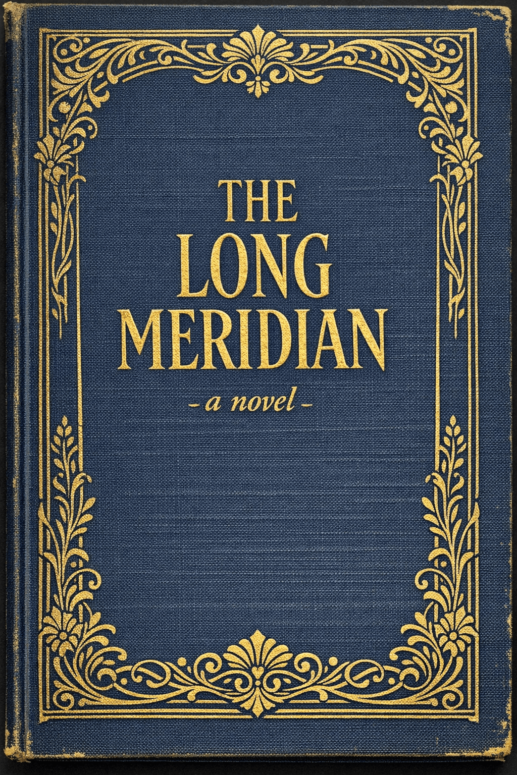 GPT Image 1.5 — vintage navy cloth book cover with gold foil "THE LONG MERIDIAN" lettering
