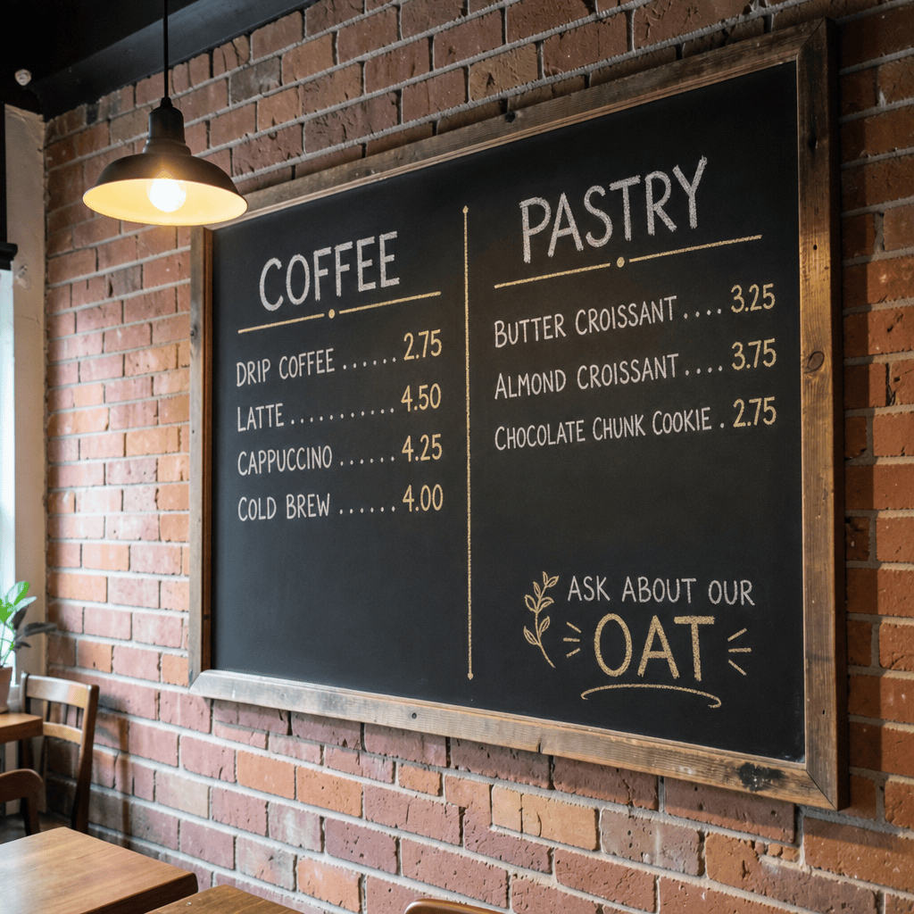 GPT Image 2 — a blank cafe chalkboard filled with a two-column chalk menu with headings, items and prices