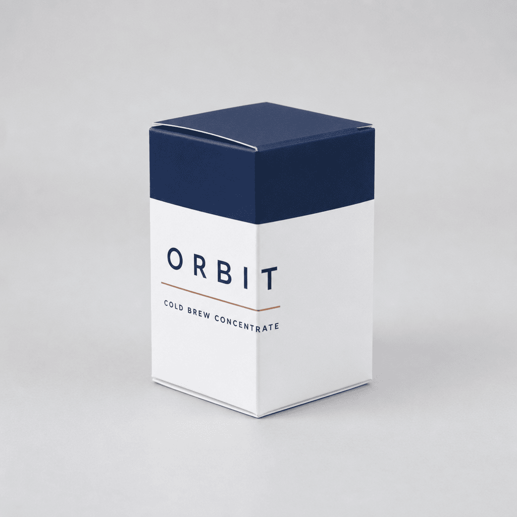GPT Image 2 — a plain white box turned into branded cold brew packaging with navy panel and copper rule