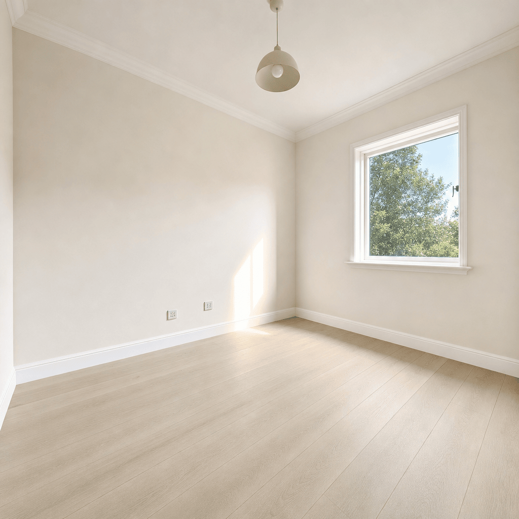 GPT Image 2 — a derelict room renovated with new flooring, painted walls and an unboarded window