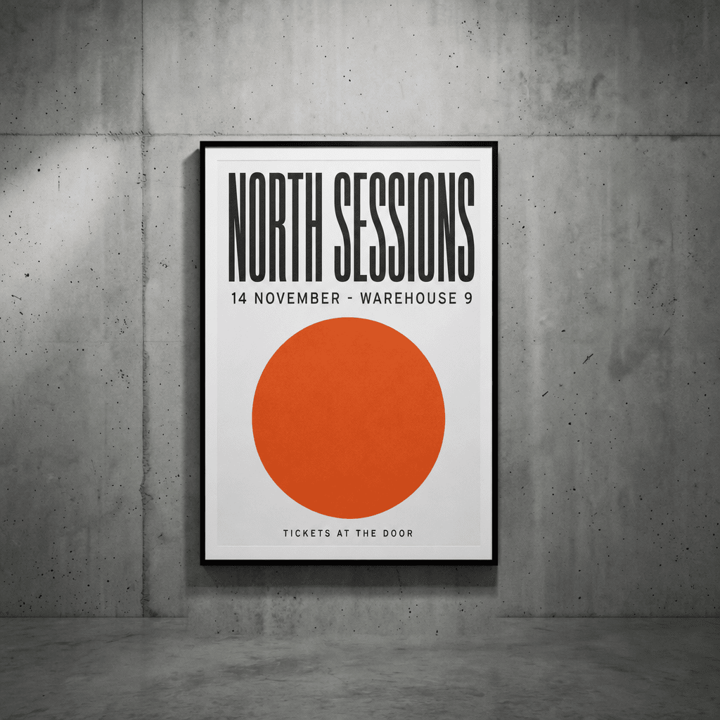 GPT Image 2 — a blank framed poster filled with a minimal typographic event design on a concrete wall