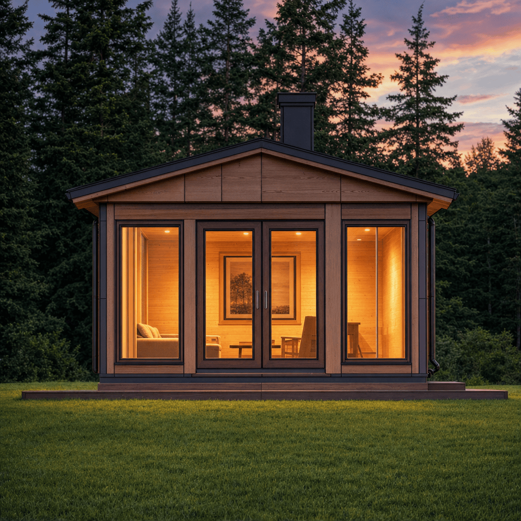 GPT Image 2 — an architectural line drawing of a cabin turned into a photorealistic dusk render
