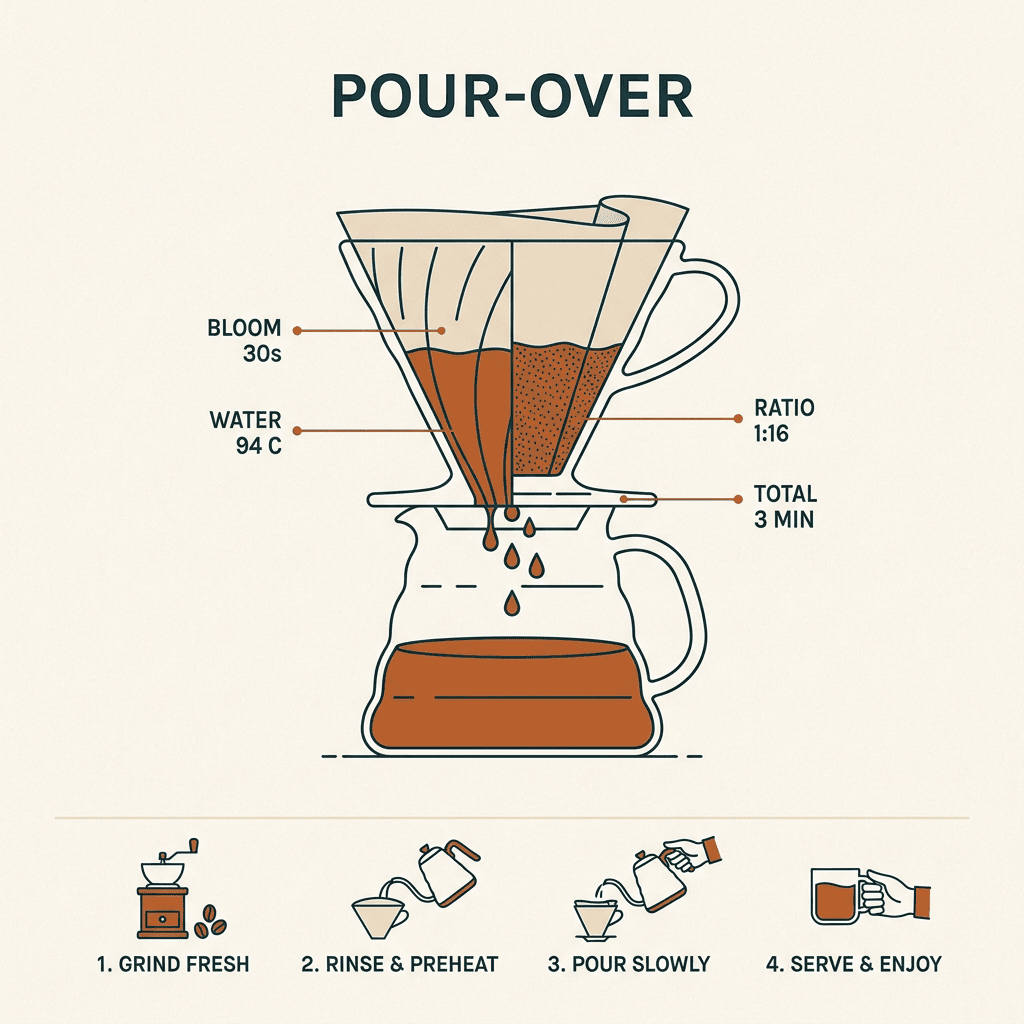 Flat-vector pour-over coffee infographic with labelled callouts, generated with Nano Banana 2 on deAPI