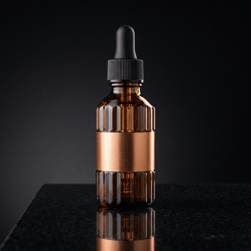 Studio packshot of an amber glass dropper bottle on black stone, generated with Nano Banana 2 on deAPI