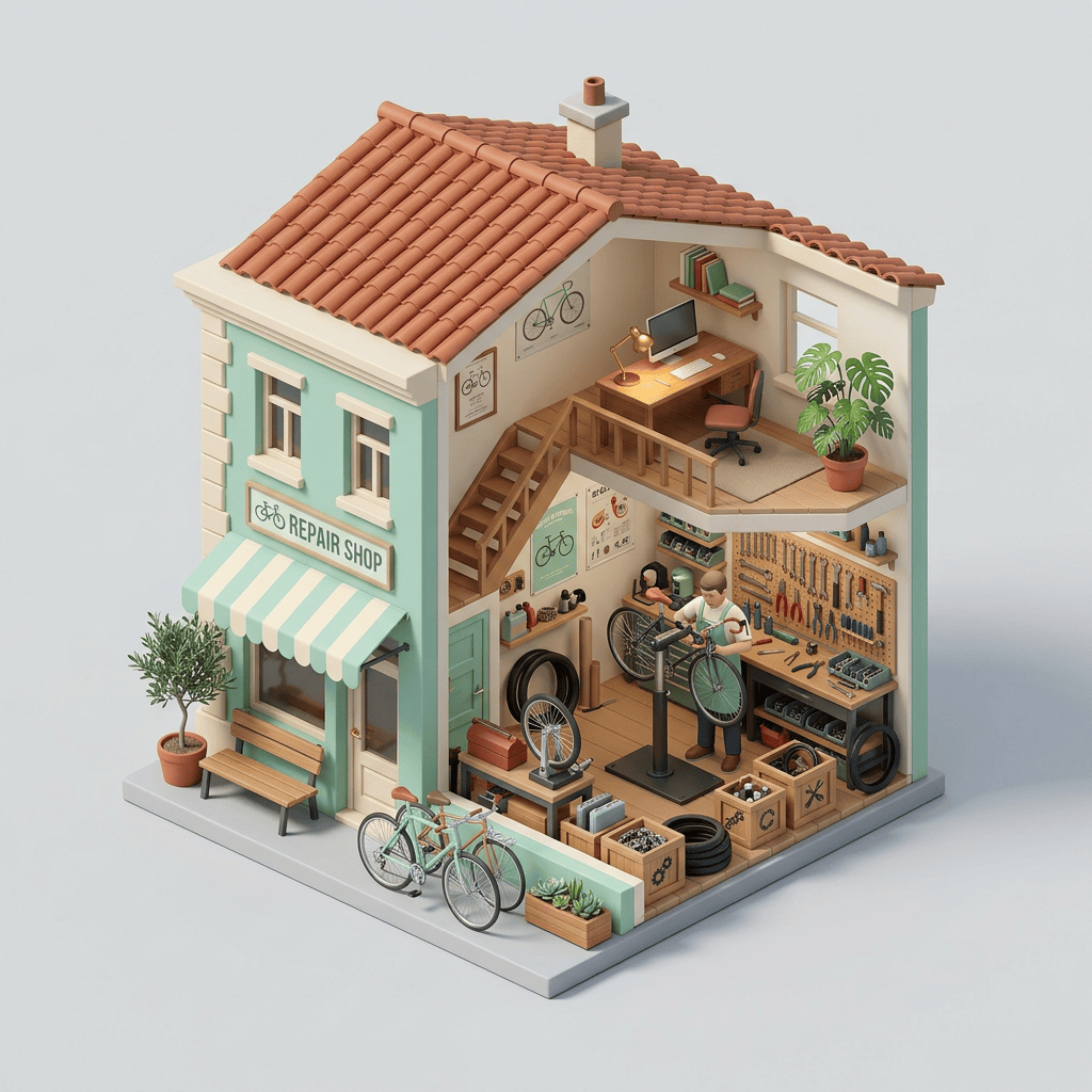 Isometric miniature diorama of a bicycle repair shop, generated with Nano Banana 2 on deAPI