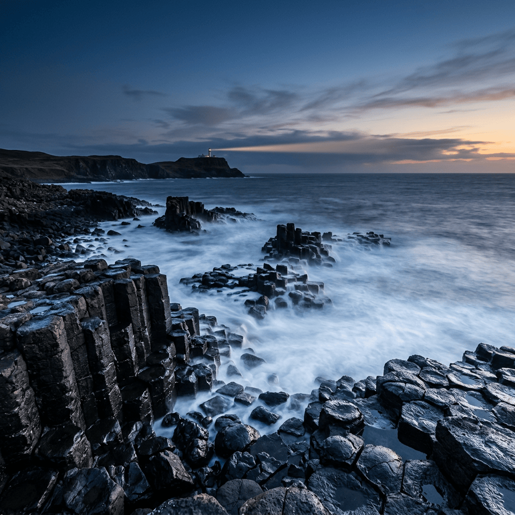Long-exposure seascape of a basalt coastline at blue hour, generated with Nano Banana 2 on deAPI