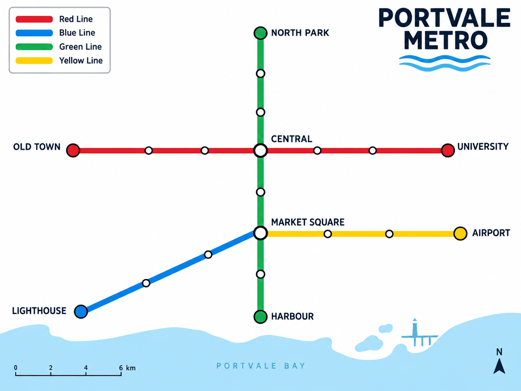 GPT Image 2.5 — flat transit map of a fictional city with four coloured lines, eight named stations, a legend and a "PORTVALE METRO" title