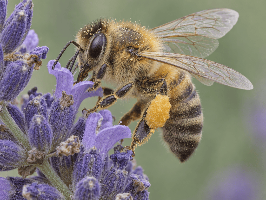 GPT Image 2.5 — focus-stacked macro of a honeybee on lavender with pollen baskets, wing veins and compound-eye facets