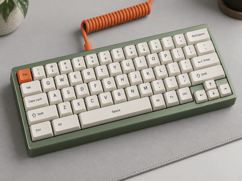GPT Image 2.5 — studio packshot of a sage-green mechanical keyboard with cream keycaps, legible legends and an orange Escape key