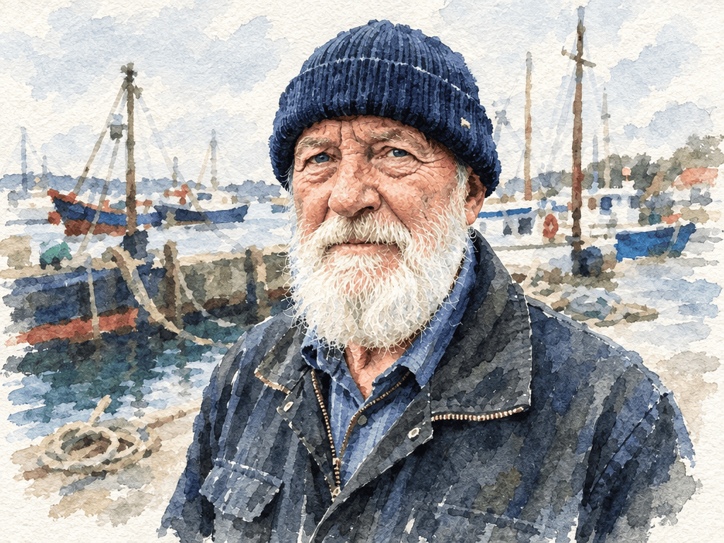 GPT Image 2.5 — a documentary portrait of a fisherman repainted as a watercolour with the same face, beard and cap