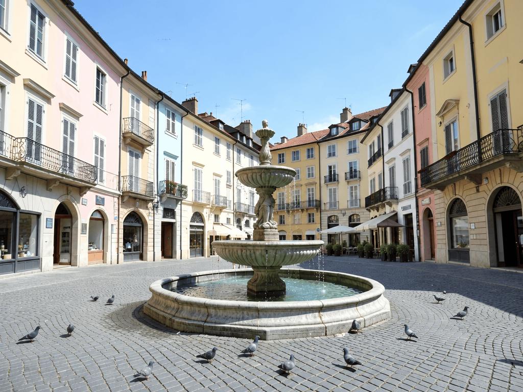 GPT Image 2.5 — every tourist removed from a town square, with the fountain, facades and pigeons left in place