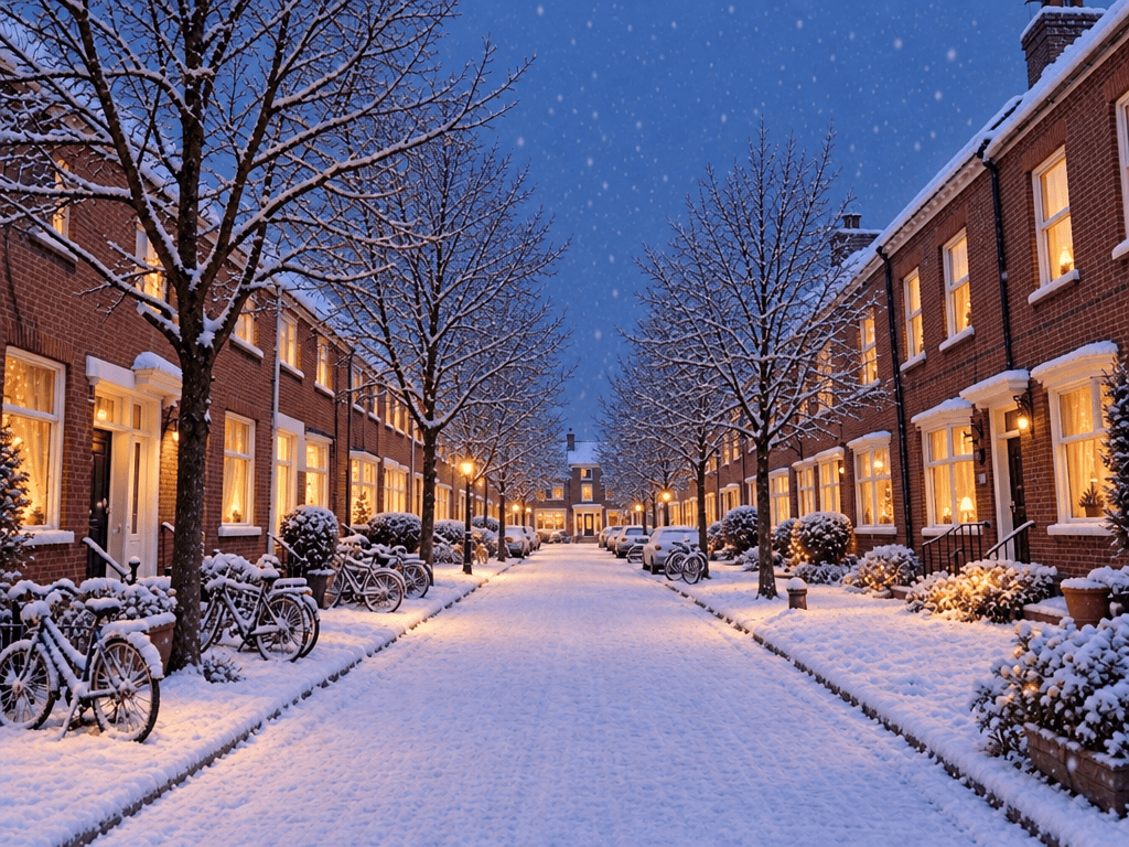 GPT Image 2.5 — a summer street of brick houses turned into the same street on a snowy winter evening