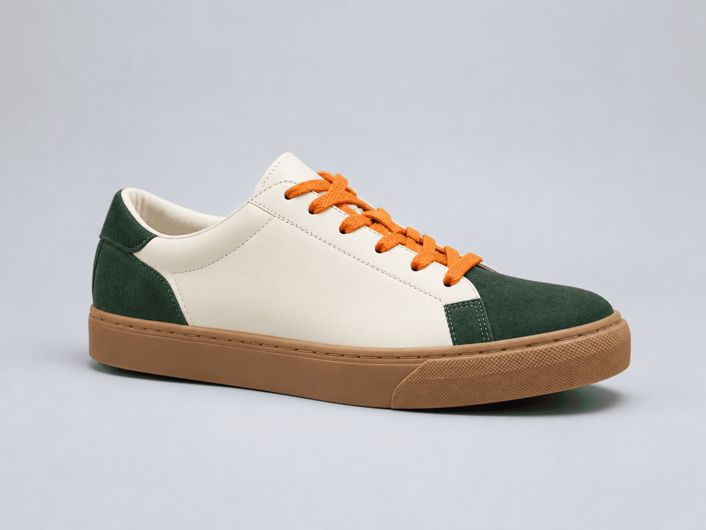 GPT Image 2.5 — a plain white sneaker recoloured with green suede panels, a gum sole and orange laces