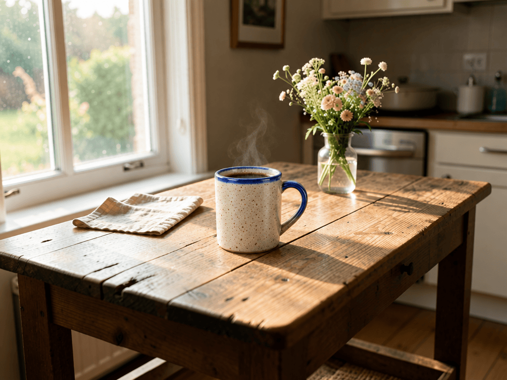 GPT Image 2.5 — a speckled ceramic mug from a second image placed, steaming, on an empty kitchen table