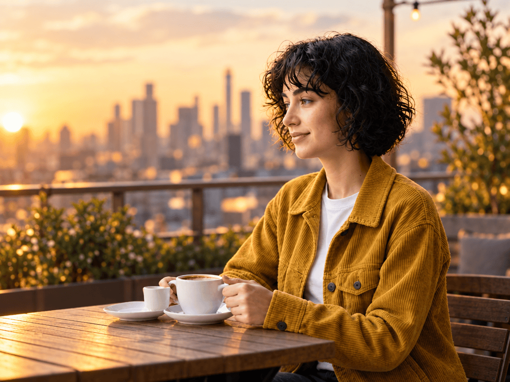 GPT Image 2.5 — a second edit of an already edited portrait, moved to a rooftop at golden hour with the same face and jacket