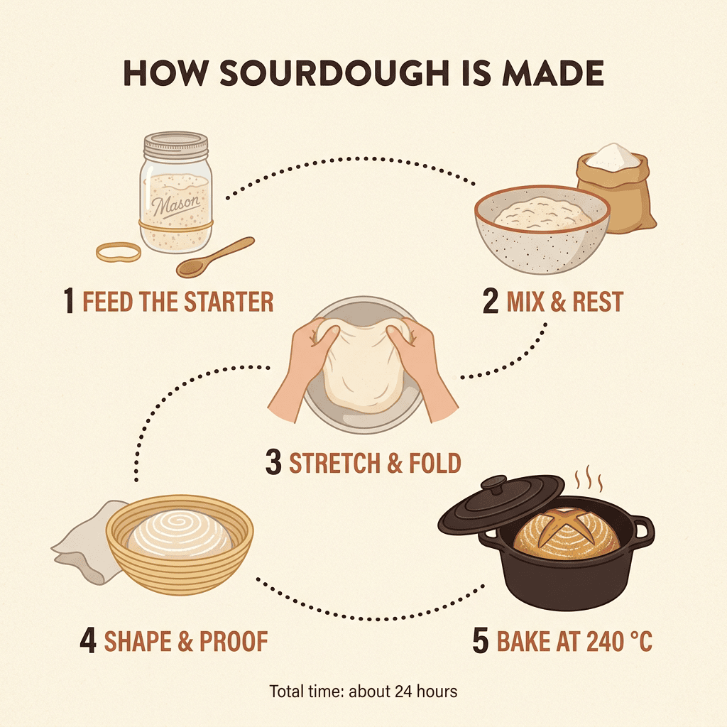 Nano Banana 2.1 — five-step "HOW SOURDOUGH IS MADE" infographic with numbered icons, labels and a dotted path on a cream background