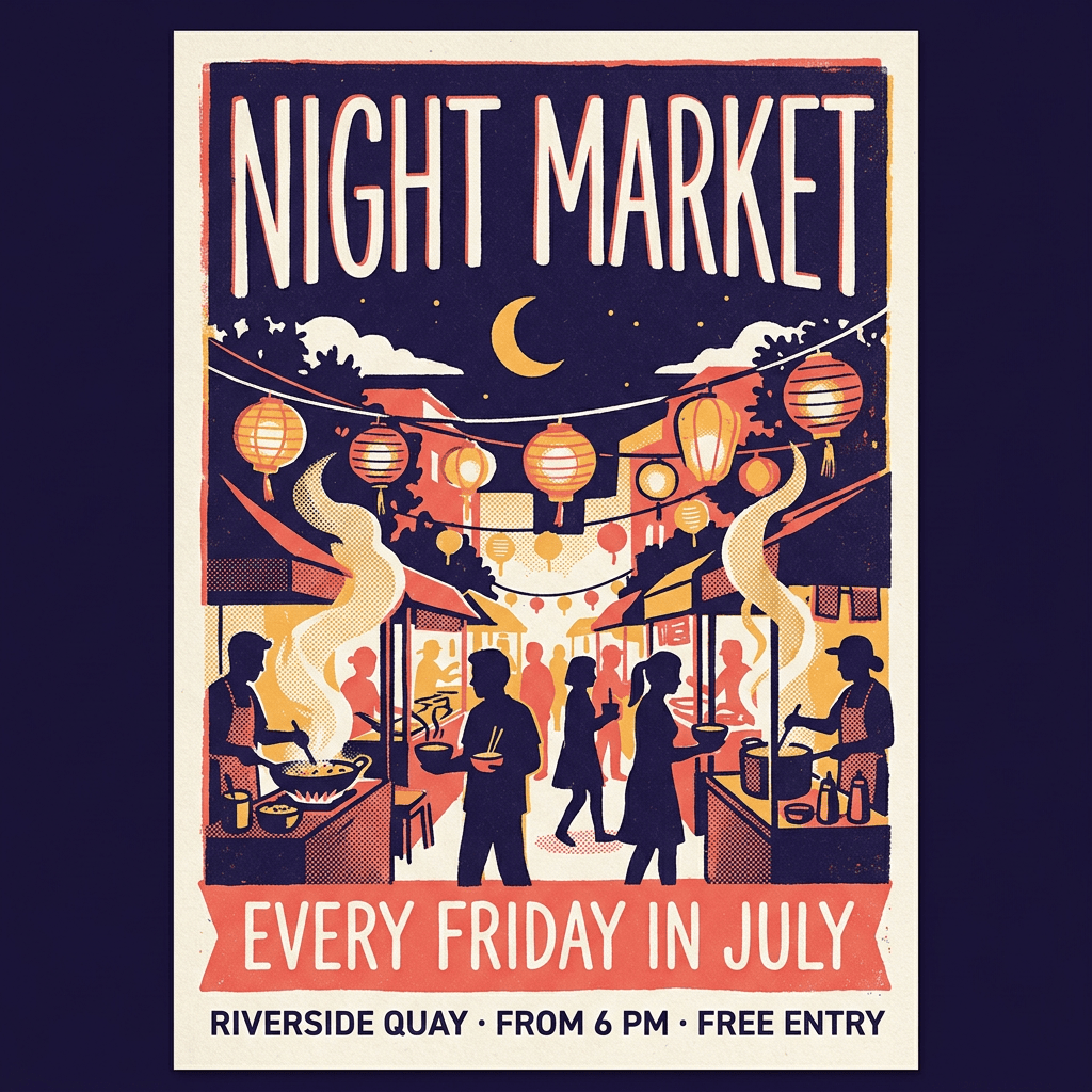 Nano Banana 2.1 — screen-printed "NIGHT MARKET" poster with lantern-lit food stalls, a coral "EVERY FRIDAY IN JULY" banner and a venue line