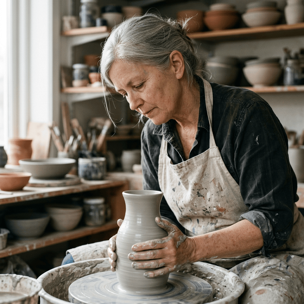Nano Banana 2.1 — photorealistic portrait of a silver-haired potter in a clay-splashed apron shaping a vase on the wheel by window light