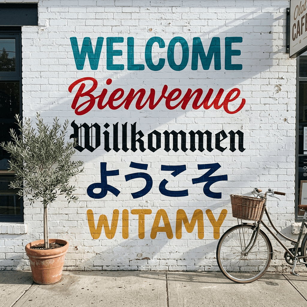 Nano Banana 2.1 — whitewashed brick wall painted with "WELCOME", "Bienvenue", "Willkommen", "ようこそ" and "WITAMY", beside an olive tree and a bicycle