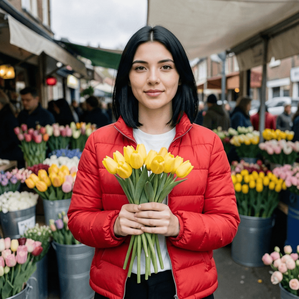 Nano Banana 2.1 — the woman from a flower-market photo wearing the red quilted jacket from a separate flat-lay product photo